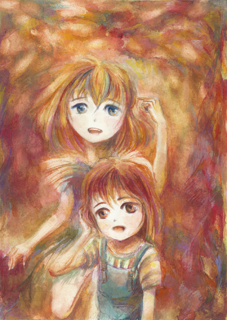 はつらつ二人　秋の色　紅葉の赤